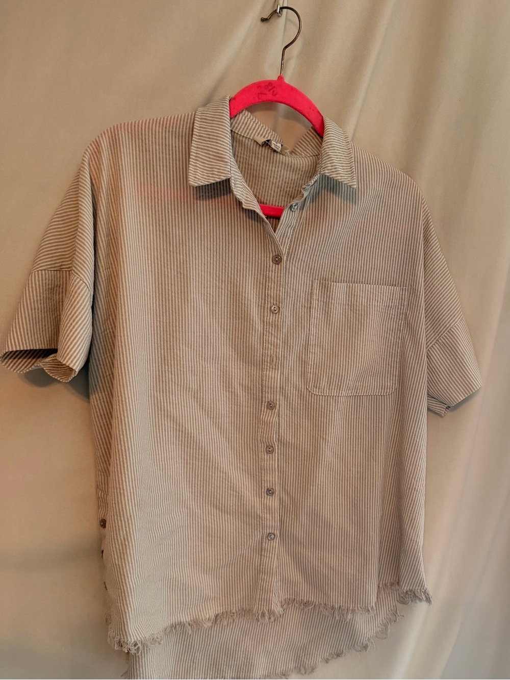Umgee Beige Stripe Short-Sleeve Button Up